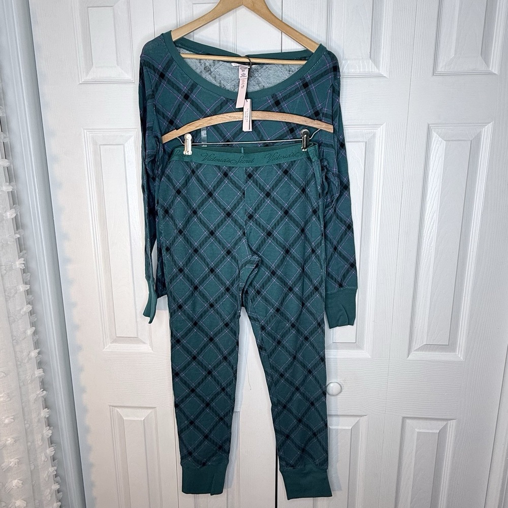 VICTORIA'S‎ SECRET Thermal Long PJ Set Green Bias Plaid size L - Picture 2 of 12